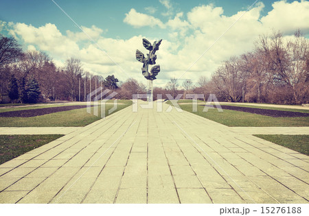Retro filtered picture of municipal park, Szczecin. 15276188
