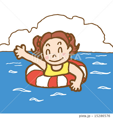 海から手を振る浮き輪に乗った女の子のイラスト素材