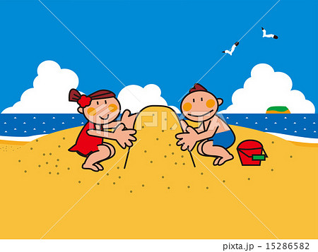 海で砂遊びをする水着を着た男の子 女の子二人のイラスト素材