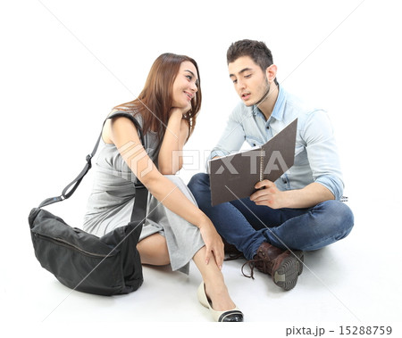 Male female sit on floor discuss talk Male female sit on floor discuss talk 15288759
