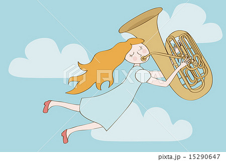 Happy redhead girl flying in sky and playing tuba 15290647
