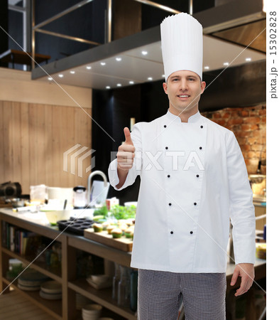 happy male chef cook showing thumbs up happy male chef cook showing thumbs up 15302828