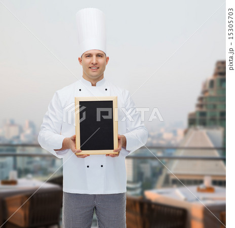 happy male chef cook holding blank menu board happy male chef cook holding blank menu board 15305703