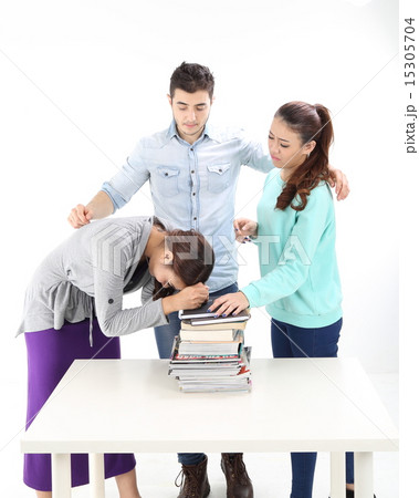 Male female stand hold book stack Male female stand hold book stack 15305704