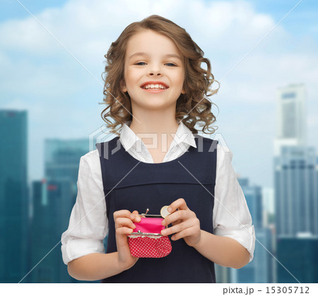 happy girl with purse and euro coin money 15305712