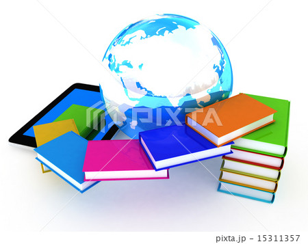 tablet pc and earth with colorful real books 15311357