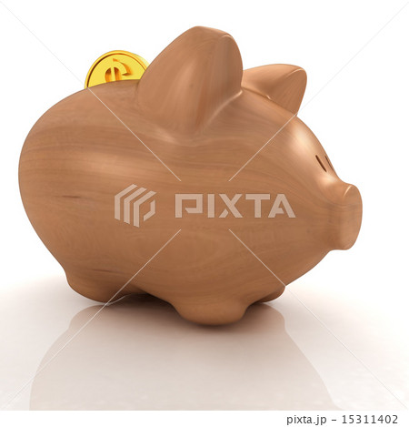 Wooden piggy bank and falling coins 15311402