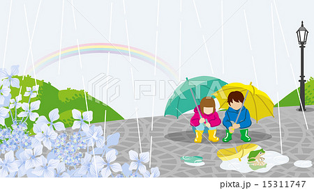 雨の日 子供 風景のイラスト素材