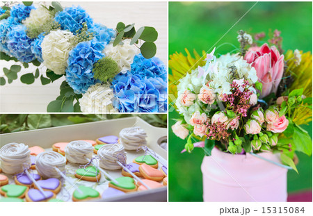 Wedding flowers and sweets collage Wedding flowers and sweets collage 15315084
