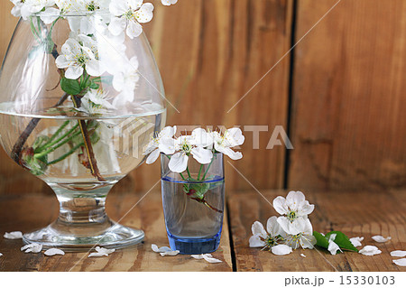 cherry flowers and twigs on a wooden background cherry flowers and twigs on a wooden background 15330103