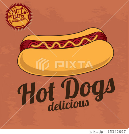 Fast food label with a big hot dog over vintage background Fast food label with a big hot dog over vintage background 15342097
