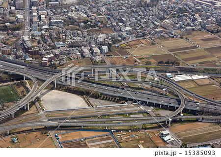 東名高速横浜青葉インター付近を空撮の写真素材