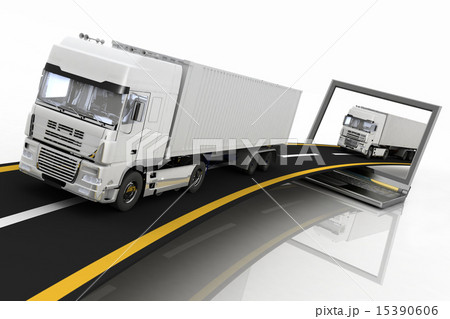 Trucks on freeway coming out of a laptop 15390606