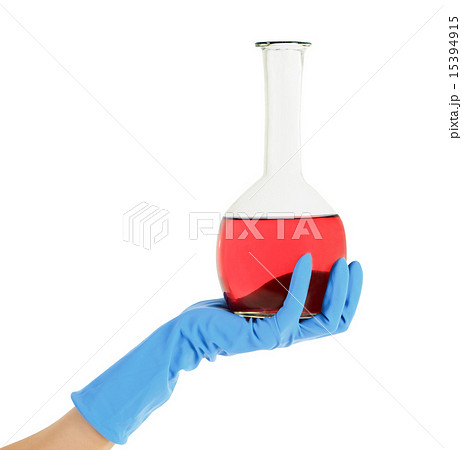 hand holding chemical flask isolated 15394915