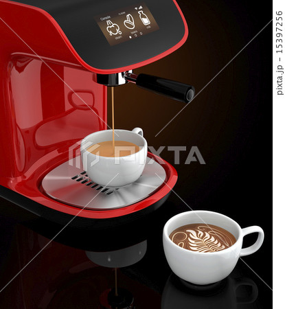 赤色コーヒーメーカーでエスプレッソコーヒーを作るのイラスト素材