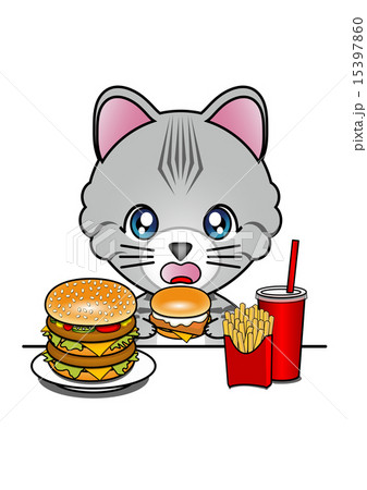 ハンバーガーを食べる猫のイラスト素材