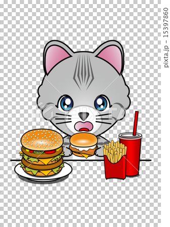 ハンバーガーを食べる猫のイラスト素材