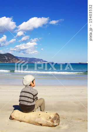流木に座って海を見る子供 15403532