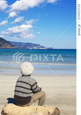 流木に座って海を見る子供 15403533