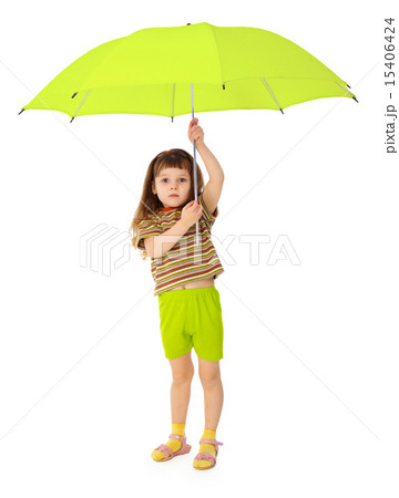 Child holds big green umbrella 15406424