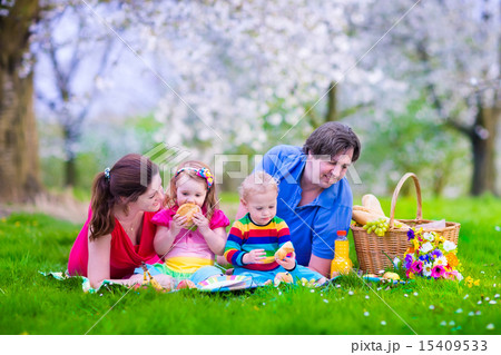 Young family with kids having picnic outdoors Young family with kids having picnic outdoors 15409533