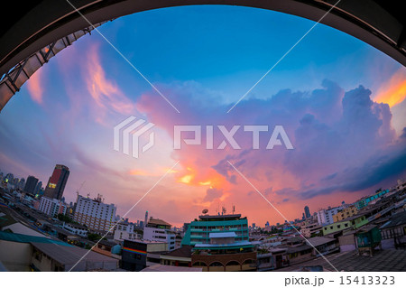 Bangkok cityscape in twilight, fisheye view 15413323