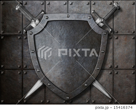 knight shield and two swords over armor plates  15416374