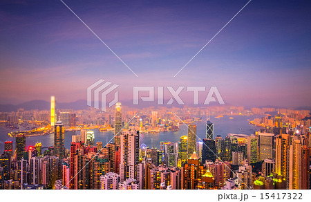 Evening panorama of Hong Kong. Tilt shift effect 15417322