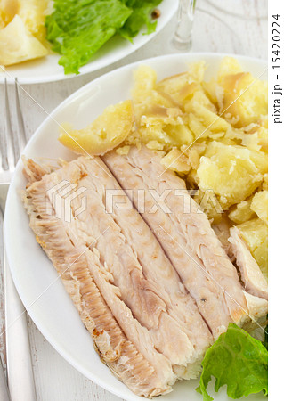 fish with boiled potato and fresh salad 15420224