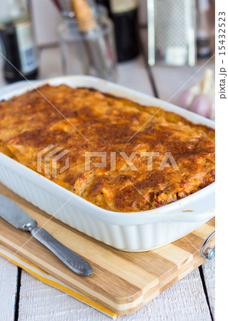 meat lasagna in the form of baking 15432523