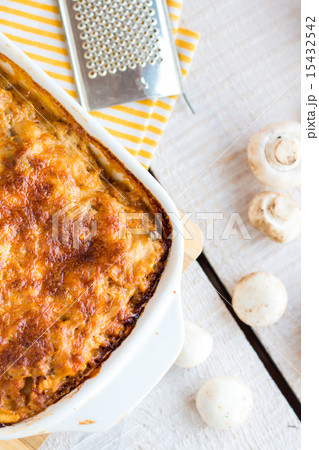 meat lasagna with mushrooms in a white bowl meat lasagna with mushrooms in a white bowl 15432542