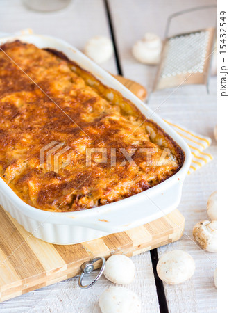 meat lasagna with mushrooms in a white bowl meat lasagna with mushrooms in a white bowl 15432549