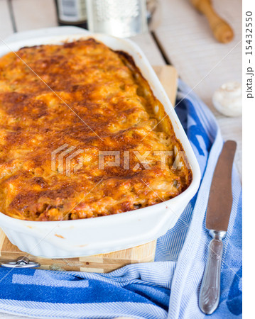 meat lasagna with mushrooms in a white bowl meat lasagna with mushrooms in a white bowl 15432550