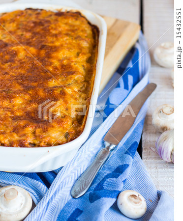 meat lasagna with mushrooms in a white bowl meat lasagna with mushrooms in a white bowl 15432551