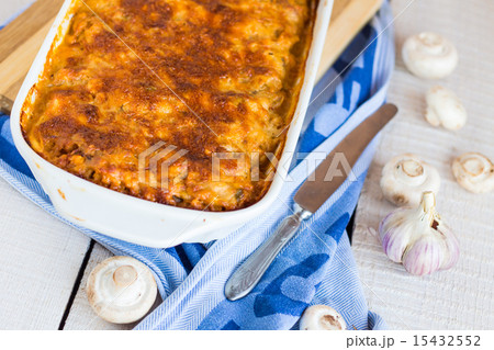 meat lasagna with mushrooms in a white bowl meat lasagna with mushrooms in a white bowl 15432552