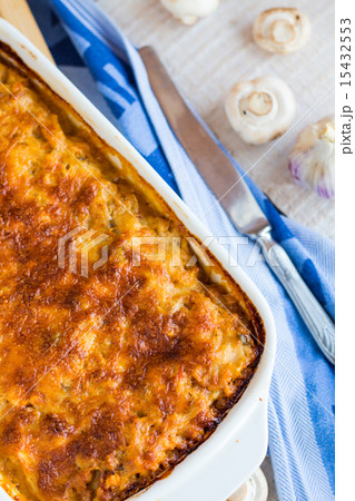 meat lasagna with mushrooms in a white bowl meat lasagna with mushrooms in a white bowl 15432553