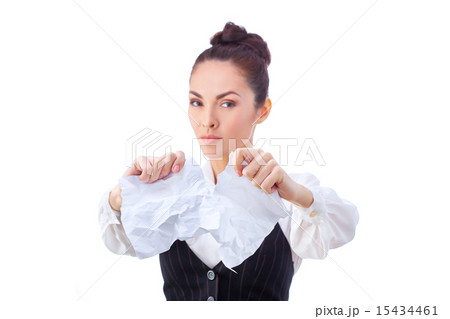 Breaking contract. Furious young woman tearing up paper Breaking contract. Furious young woman tearing up paper 15434461