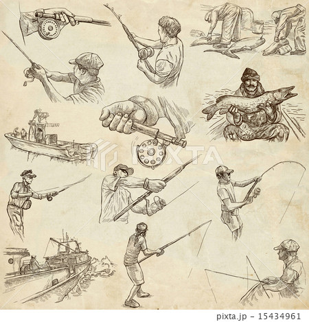 Fishing. Freehand sketches, originals on old paper 15434961