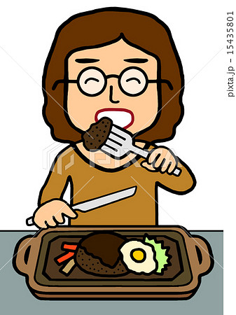 ハンバーグを食べる女性のイラスト素材