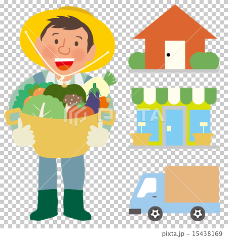 野菜かごを持った農家の人,トラック,家のセット 15438169