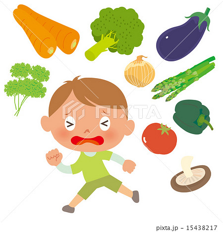 野菜9種と逃げる男の子のイラスト素材