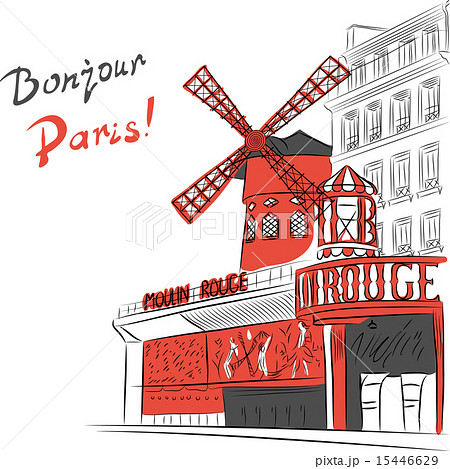 Vector Sketch Of Cityscape With Moulin Rouge In のイラスト素材