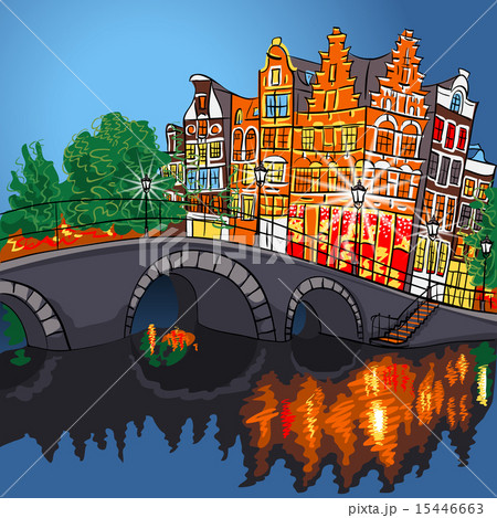 Vector night city view of Amsterdam canal and bridge 15446663