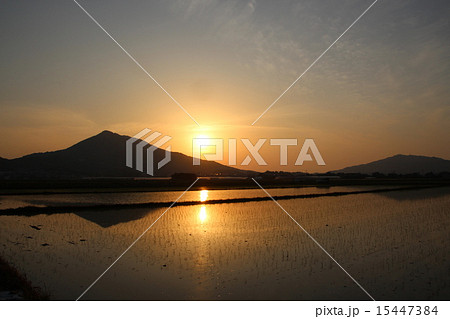 田んぼに映える可也山と夕日 15447384