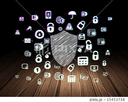 Protection concept: Shield in grunge dark room 15453738