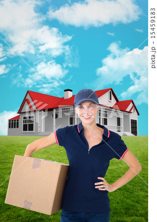 Composite image of happy delivery woman holding cardboard box Composite image of happy delivery woman holding cardboard box 15459183