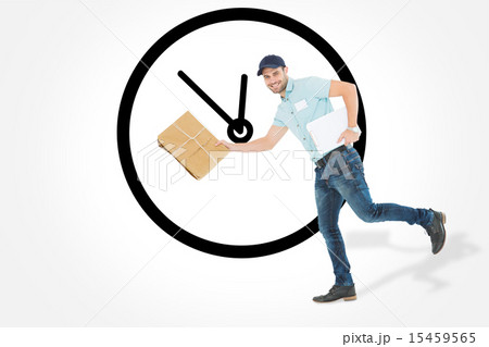 Composite image of happy delivery man running with package 15459565