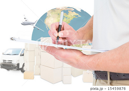 Composite image of delivery man writing on clipboard Composite image of delivery man writing on clipboard 15459876