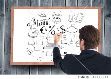 Composite image of rear view of businessman writing with a white Composite image of rear view of businessman writing with a white 15459934