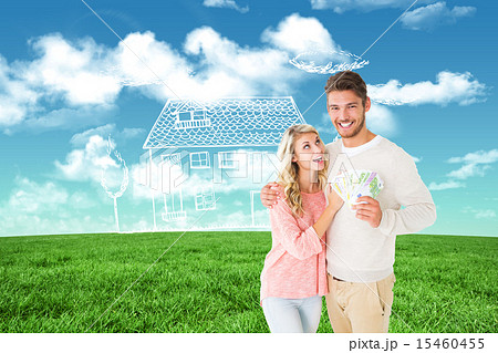 Composite image of attractive couple flashing their cash Composite image of attractive couple flashing their cash 15460455